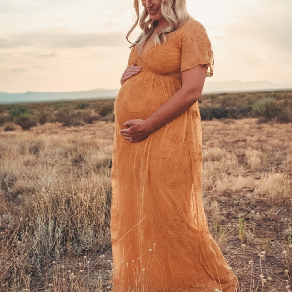 PinkBlush Mustard Lace Mesh Maternity Maxi Dress